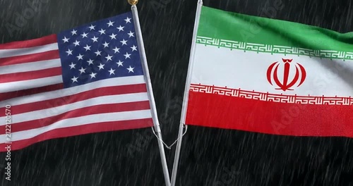 Waving American and Iranian Flags Crossed Symbolizing Diplomacy Conflict or Relations Between Nations.