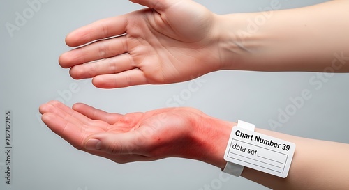 Human hands comparing healthy skin with red rash and clinical hospital wristband