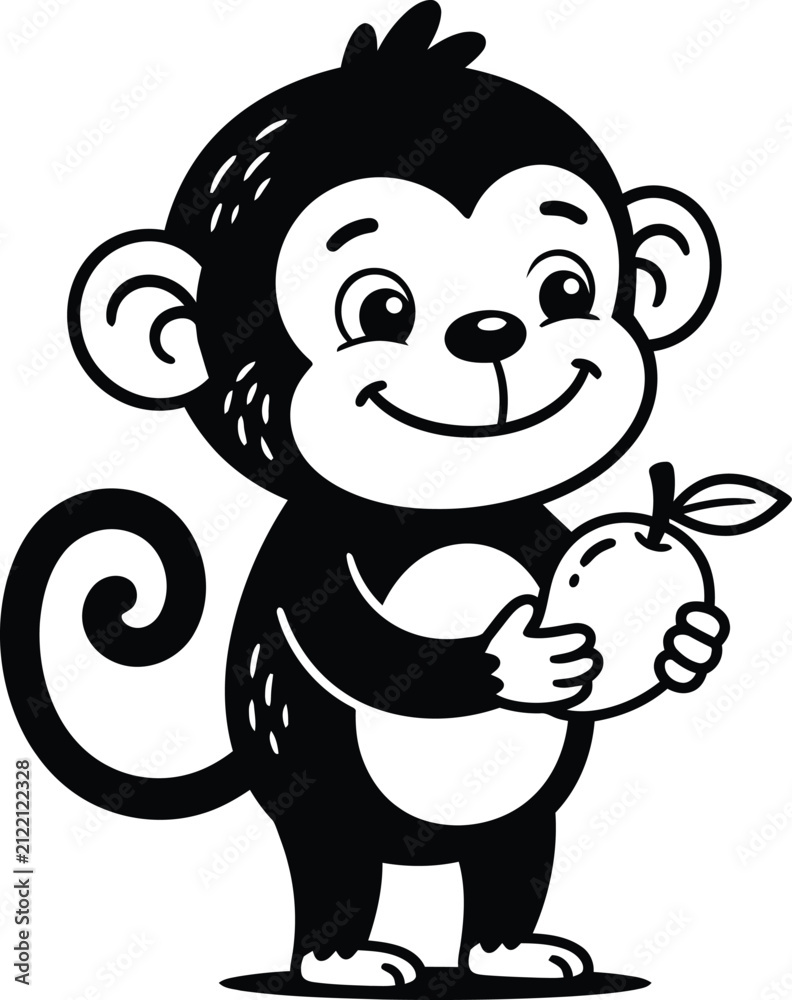 Obraz premium Charming monkey holding a fruit with a playful expression in a clean vector illustration style