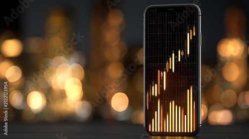Close-up smartphone displaying rising golden financial candlestick chart, successful investment growth,