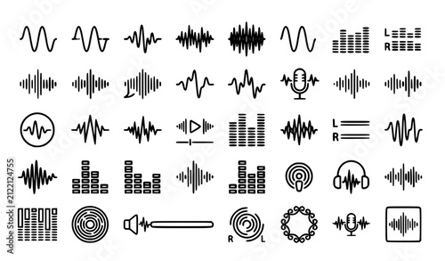 Black and white audio waveform and equalizer outline icon collection vector
