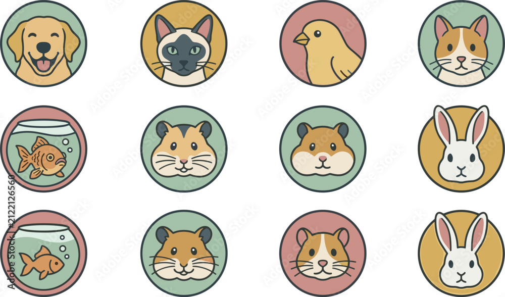 Fototapeta premium Art & IllustrationCute Domestic Pet Avatar Vector Icon Set with Circular Badges Featuring Dog, Cats, Birds, Goldfish, Hamsters, and Rabbits for Child Graphic Designs