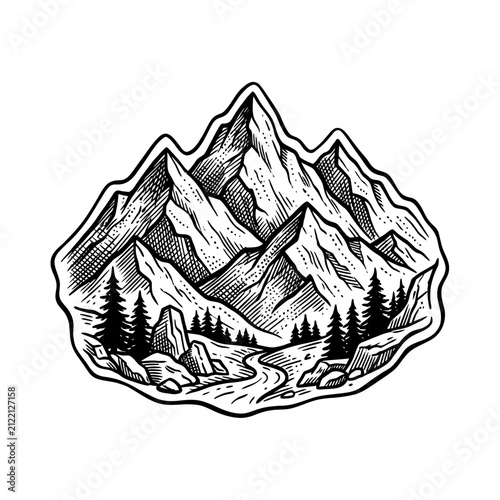 Mountain Landscape with River and Trees in Engraving Style