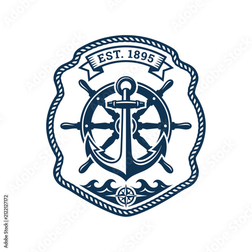 Nautical Emblem with Anchor, Ship Wheel, and Waves