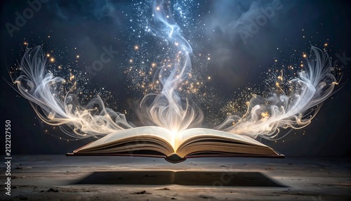 Glowing Open Book Emitting Magical Smoke in Dark Mystical Setting