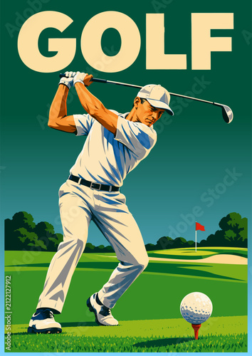 095-19-Golfer hitting ball on a course with vintage illustration style