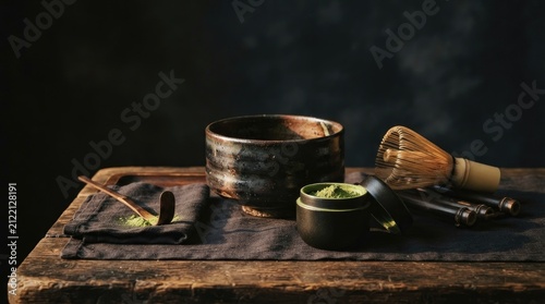 A dark, moody photograph showcases a traditional Japanese tea ceremony setup.