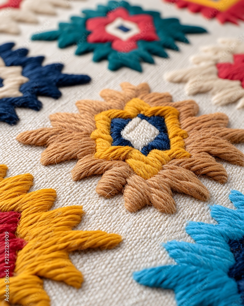 Fototapeta premium Ikat Fine Details Colorful Embroidery Pattern Close-Up on Textile Background Ikat Ethnic Focus Cultural Fabric Zoom