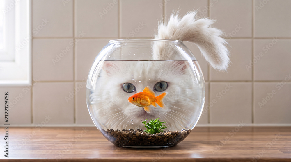 Obraz premium Chat blanc observant un poisson rouge à travers un aquarium rond