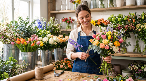Fleuriste composant un bouquet coloré dans sa boutique