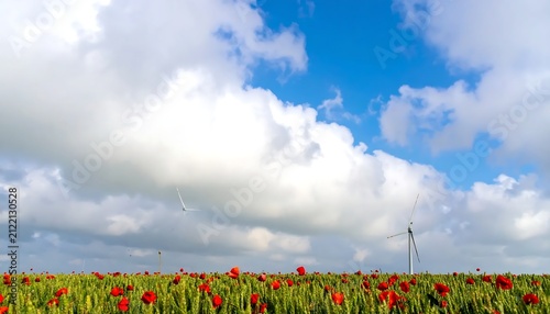 Red Poppy Wildflowers Blooming Across Green Field Under Cloudy Blue Sky