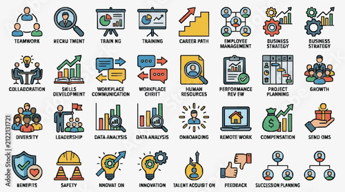 Foto Industrial Colorful Illustrated Icons Set Featuring HR Business Strategy Workpla