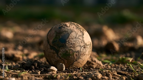 A cracked earth globe resting on dry soil under warm sunlight  symbolizing environmental degradation and climate change
