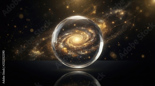 A clear crystal sphere displays a stunning, swirling galaxy within its depths.