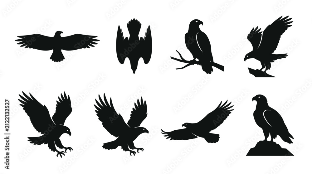 Obraz premium Collection of black bird silhouettes in flight and perched.
