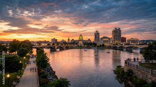 Stunning Sunset Over Harrisburg Skyline and Susquehanna River Pennsylvania