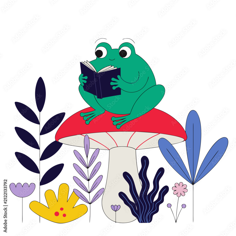 Fototapeta premium Whimsical green frog reading a book on a red mushroom, cute toad character in a magical forest garden, flat vector illustration for children