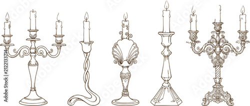 Obraz na płótnie Vintage candelabra and antique candlestick holder line art vector set with burni
