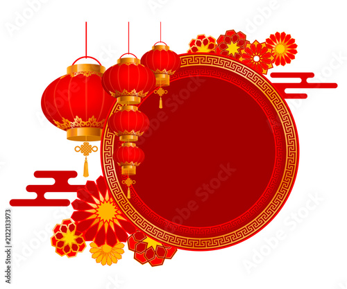Asian design elements. Chinese festive label with gold pattern, flowers, red lanterns, and circle frame. Oriental new year luxury decorations with place for text. Vector illustration