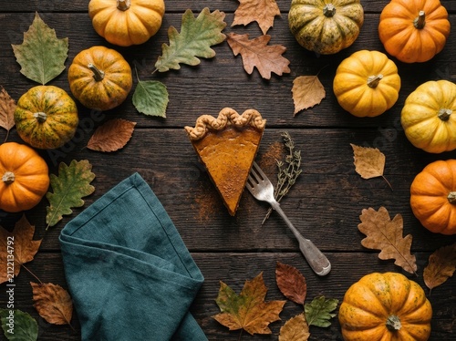 A single slice of pumpkin pie on a rustic wooden table for a festive thanksgiving celebration