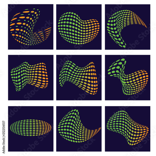 Abstract 3D Halftone Grid Wave Shapes Set, Green and Orange Gradient Halftone Pattern Elements Collection