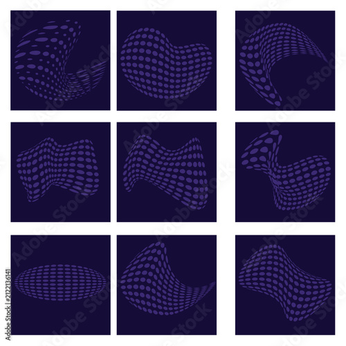 Abstract 3D Halftone Grid Wave Shapes Set, Purple Monochrome Halftone Pattern Elements Collection
