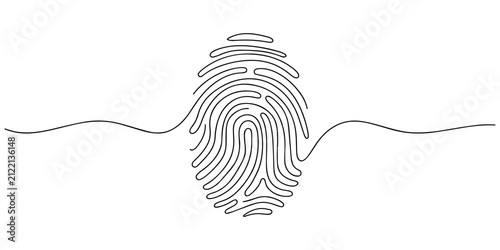 Abstract fingerprint continuous line art vector one line drawing of biometric identity whorl pattern for security design, Minimalist continuous single line drawing of a human thumb fingerprint symbol 