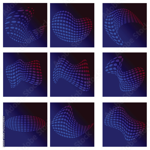 Abstract 3D Halftone Grid Wave Shapes Set, Blue and Red Gradient Halftone Pattern Elements Collection