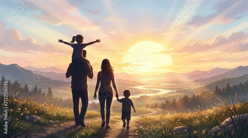 Family silhouettes walking mountain meadow landscape during sunset travel moment