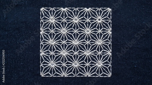 Sashiko Needlework Showcase in Minimalist Design on Textile Background
