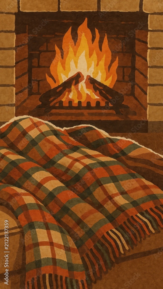 Obraz premium Cozy fireplace with plaid blanket mobile wallpaper mobile wallpaper