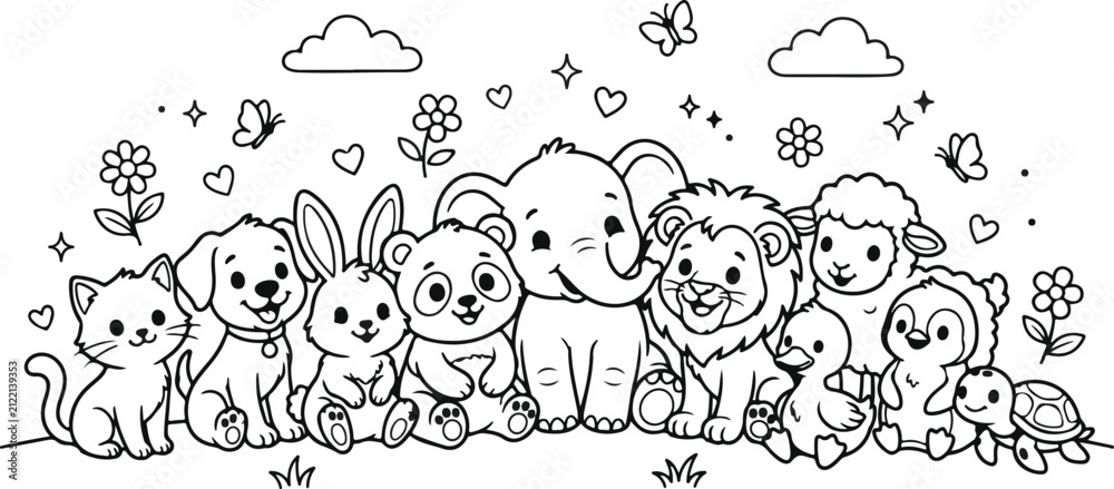 Obraz premium Cute animals coloring page for kids. Vector illustration of happy forest and farm creatures.