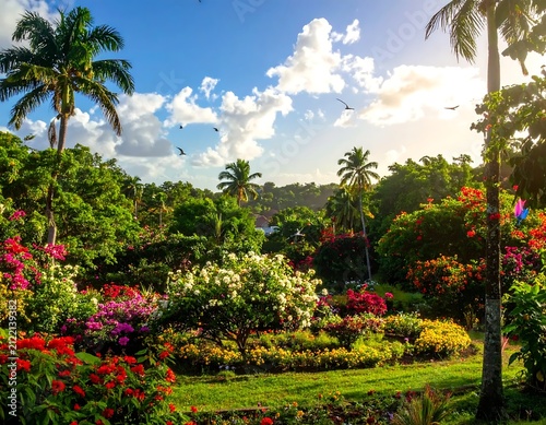 Lush Tropical Garden Blooming Under Bright Sunlight and Blue Sky
