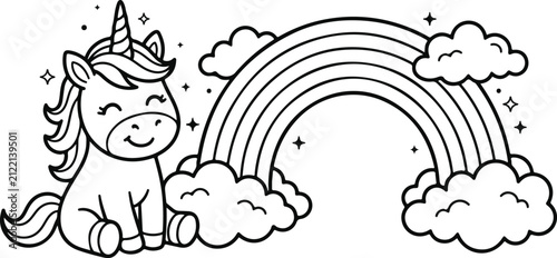 Cute unicorn sitting by a rainbow. Vector coloring page for kids with magical fantasy theme.