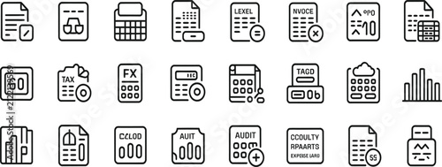Accounting and Tax Line Icons Set - Invoice, Finance and Document Vector Collection