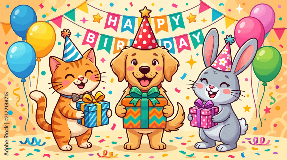 Fototapeta premium Cute cartoon cat dog and rabbit holding birthday presents wearing party hats under happy birthday banner with balloons and confetti celebration background illustration