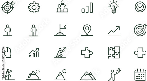 Goals Achievement and Teamwork Line Icons Set - Success and Collaboration Vector Collection