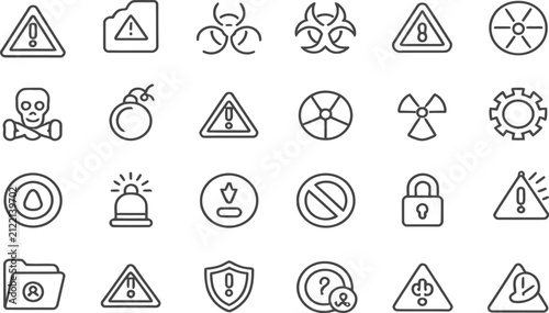 Safety Warning and Hazard Line Icons Set - Alert, Protection and Emergency Symbols