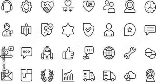 Customer Service and Business Support Line Icons Set - Help Desk and Communication Vector Collection