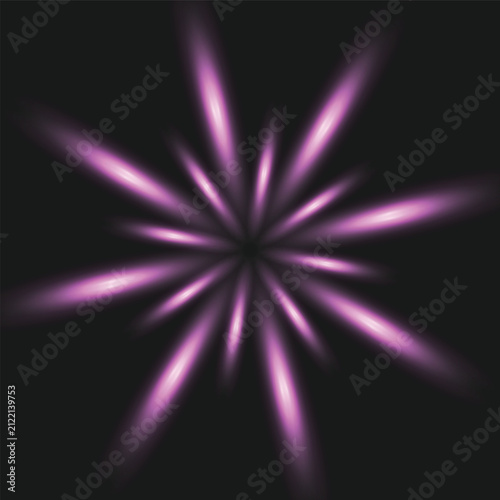 Glowing purple starburst light effect, radiant violet sunburst rays on dark background, abstract neon lens flare vector for cinematic overlays