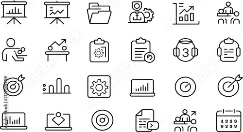 Business Management and Data Analytics Line Icons Set - Dashboard and Reports Collection