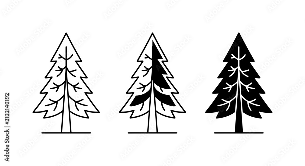 Obraz premium Conifer Tree Icons, Evergreen Forest Symbols, Pine Silhouette Set, Nature Graphics
