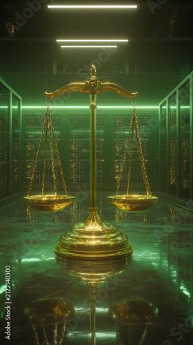 Golden scales of justice stand in a modern, green-lit server room, symbolizing digital data balance and fairness within the vast network of information