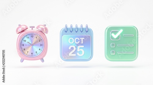 3D productivity icons with alarm clock and calendar. Pastel office planning symbols set.