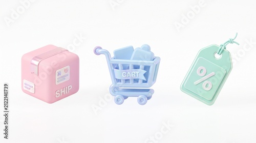 3D pastel e-commerce icons set. Online shopping elements with cart, box and discount tag.