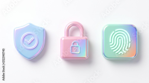 Pastel security icons on white background. Digital safety symbols for web and app design.