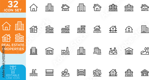 Real Estate line editable Vector illustration icon set. Contains icons related to real estate, transactions, types of real estate, amenities, and other. on transparent background.