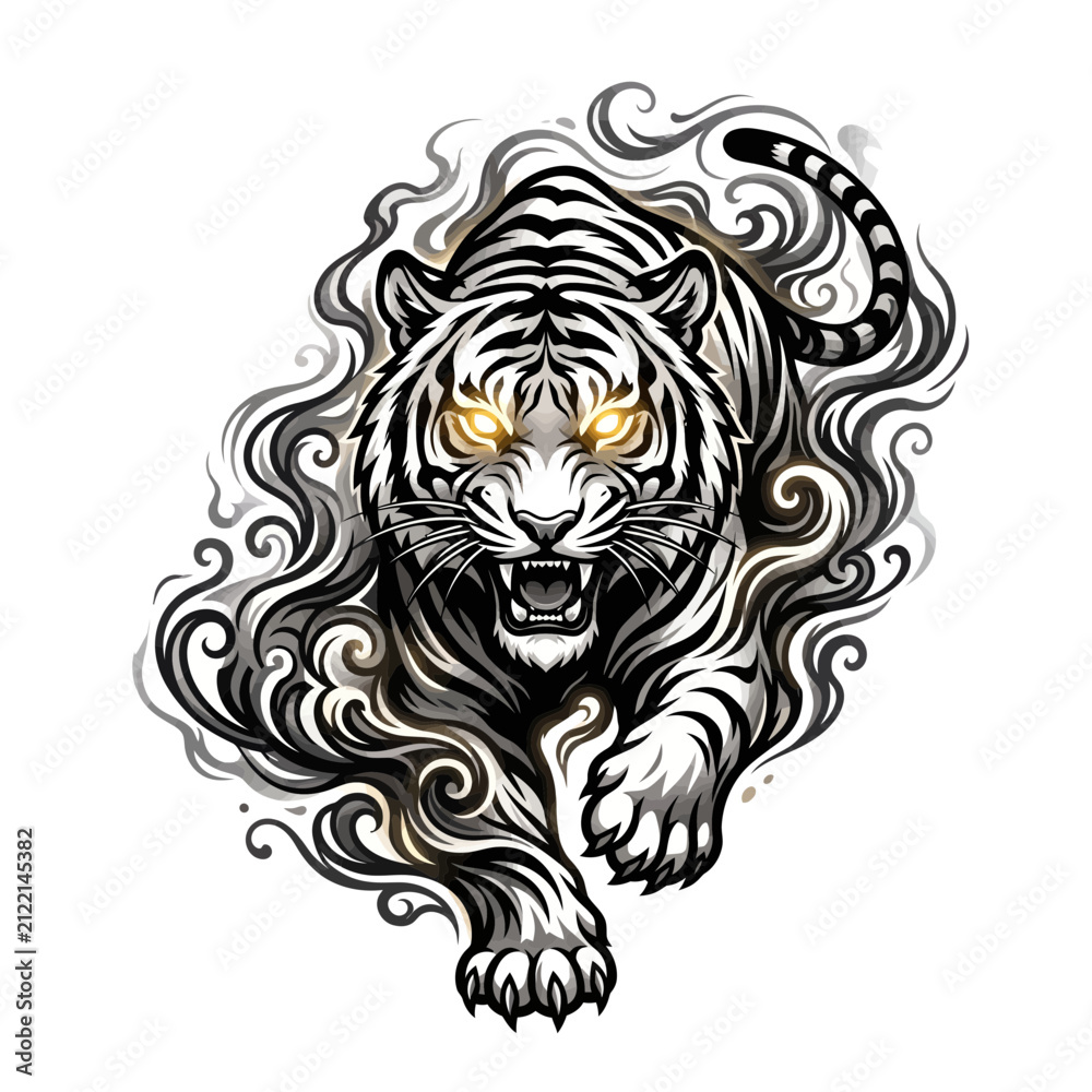 Obraz premium Fierce Roaring Tiger Mascot with Glowing Yellow Eyes and Smoke Swirls Vector Illustration
