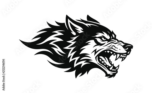 Fierce Wolf Head Silhouette with Jagged Mane during a Growl against White Background Vector