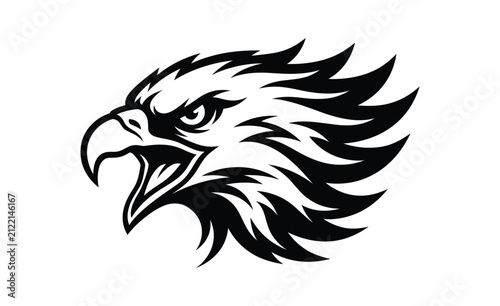 Aggressive Eagle Head Silhouette in Profile Against White Background for Fierce Branding
